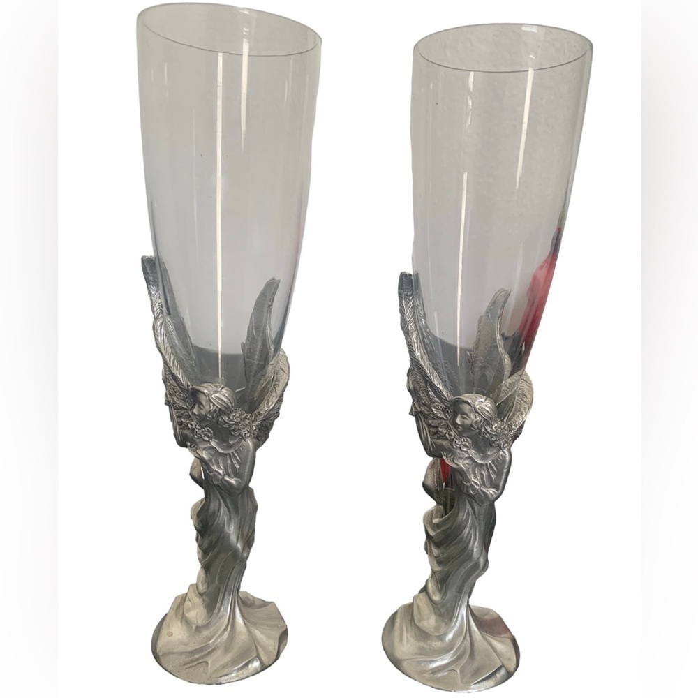 Vintage Seagull Canada Pewter Etain Zinn Handblown Glass Silver Champagne Flutes